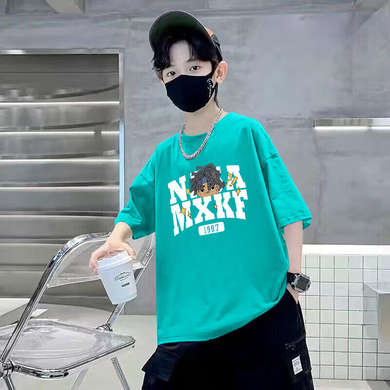 Z25030421男童短袖T恤純棉夏季新款卡通印花圓領中大童寬鬆休閒帥氣T恤潮