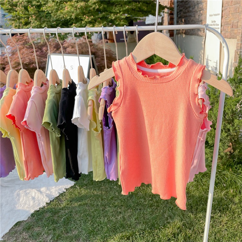 CA23072711新款韓範童裝女童夏季木耳捲邊短袖T恤女寶寶糖果色背心