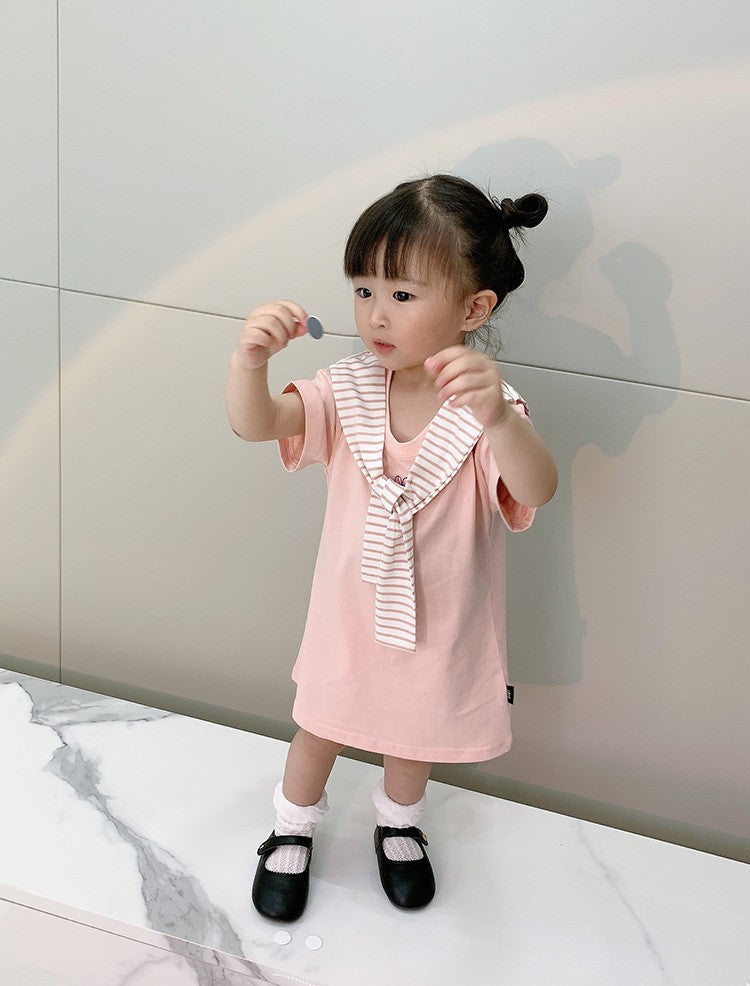L25041712夏海軍風親子裝一家三四口母子母女媽媽裙嬰兒爬服洋氣短袖潮