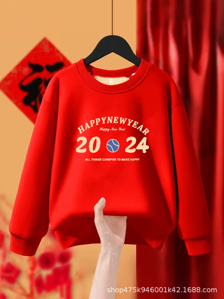 Z23122110批發兒童加絨衛衣圓領龍年拜年男女童紅色t卹上衣2024新年衣服潮(9-12天到貨)