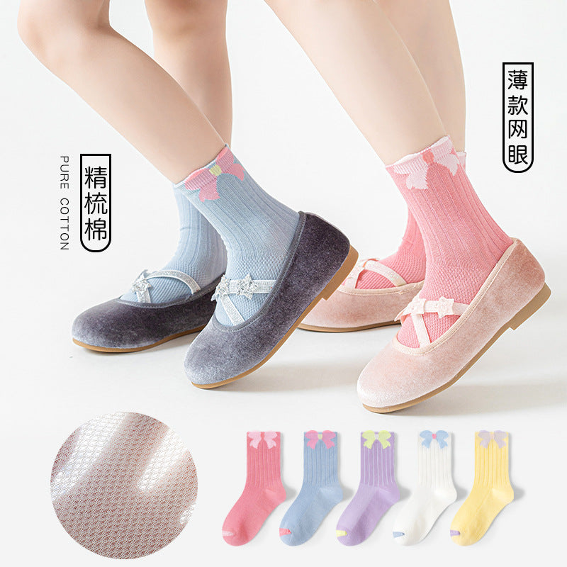GI25073103兒童襪子春夏薄款可愛蝴蝶結女童網眼純色女孩日繫針織中筒棉襪