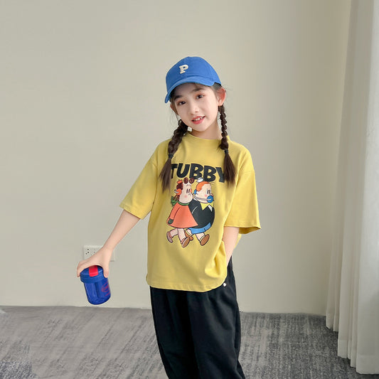 Z25030434女童短袖純棉洋氣兒童t恤女童夏季寬鬆前後印花半袖上衣童裝潮