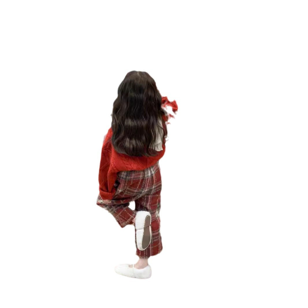 CG25103007女童秋冬款喜慶紅色節日毛衣+紅格加厚奧利絨內裡毛衣褲