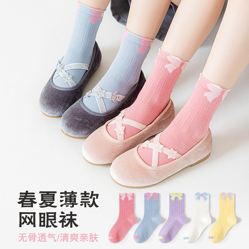 GI25073103兒童襪子春夏薄款可愛蝴蝶結女童網眼純色女孩日繫針織中筒棉襪