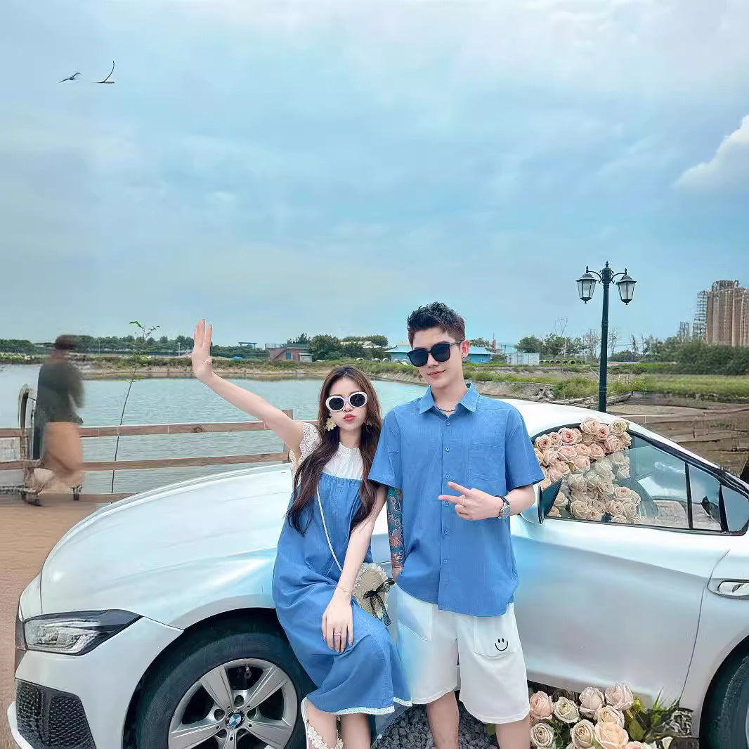 L25041710韓國童裝2025夏季親子裝母女牛仔吊帶褲女童洋氣娃娃領父子polo衫