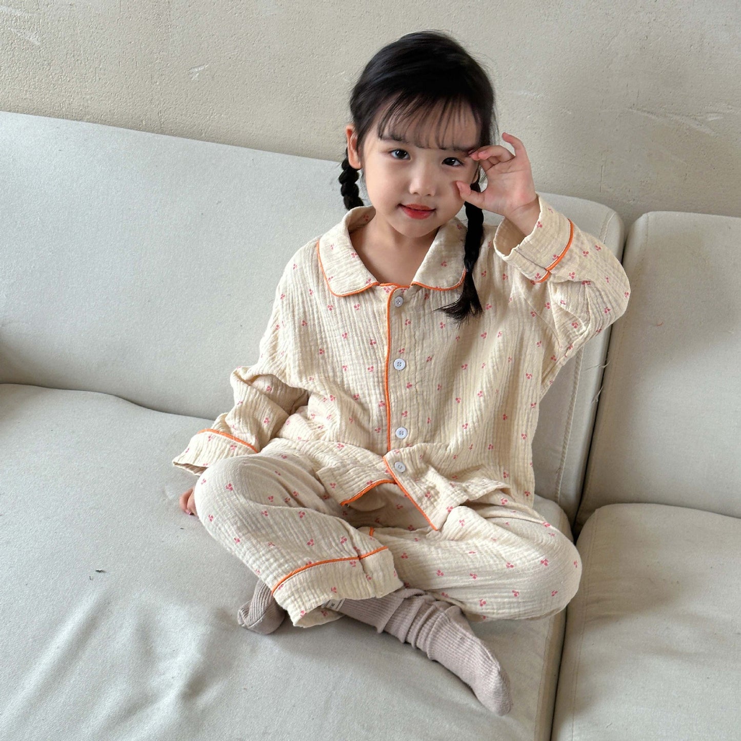 Z25020910兒童睡衣女童-新秋季純棉紗布寶寶長袖套裝女童男童家居服