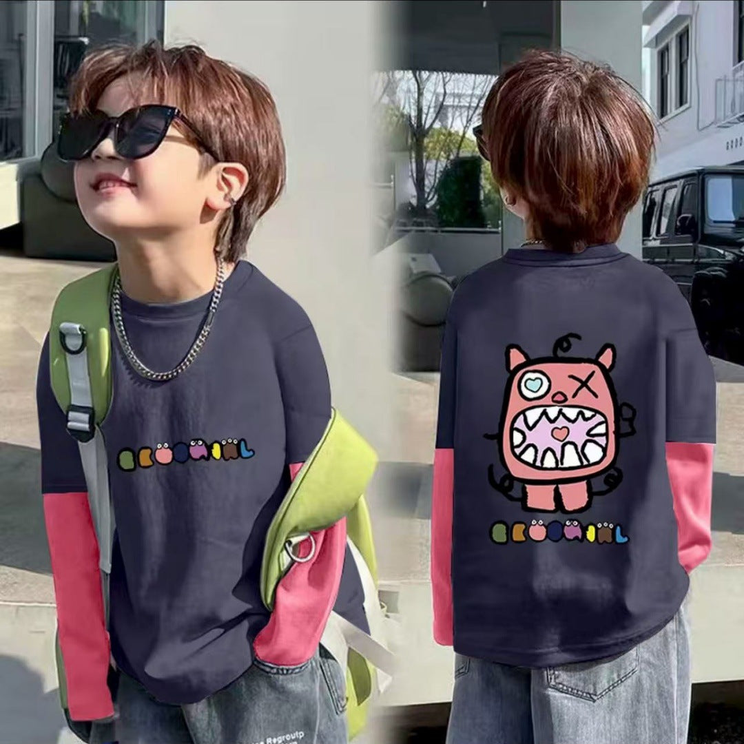 CE25091903男女童純棉T春秋新款兒童長袖打底帥氣中大童寶寶休閒假兩件上衣