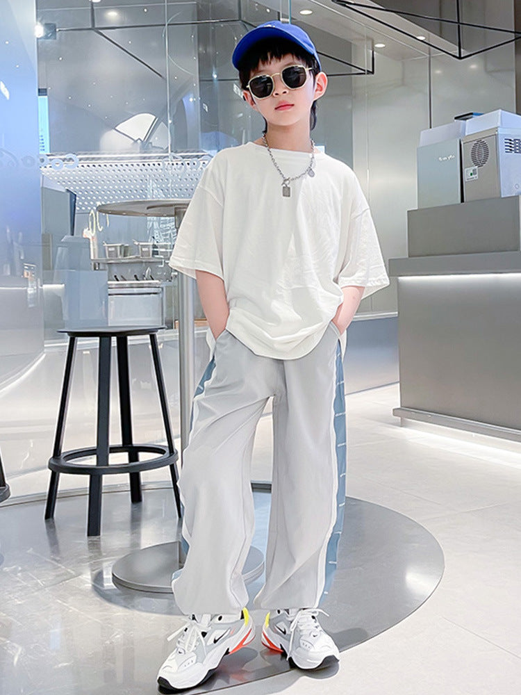 FB24070106男童夏季套裝中大童短袖長褲運動夏裝潮時尚主流兒童網紅炸街白色