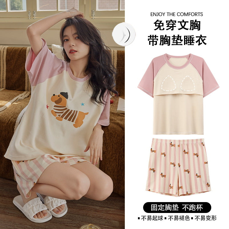 Z25040107自備胸墊睡衣女夏季純棉短袖簡約條紋可外穿學生家居服套裝