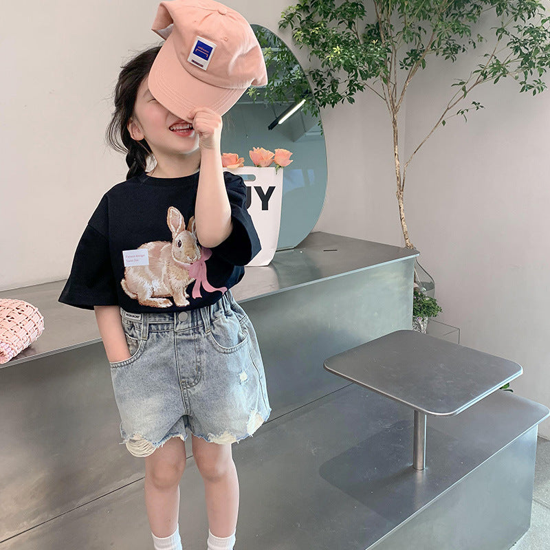 Z25030427女童夏裝短袖t恤純棉新款圓領樣衣寶寶半袖T恤寬鬆兒童上衣INS潮