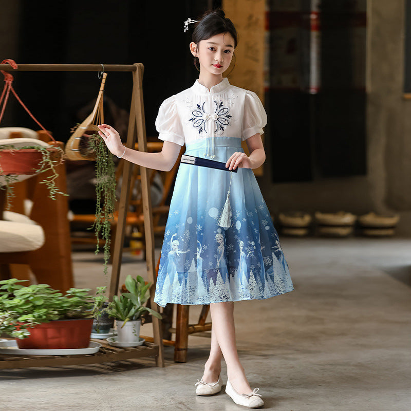 F24050714漢服女童夏裝2024新款大童短袖連身裙兒童風新款夏季唐裝