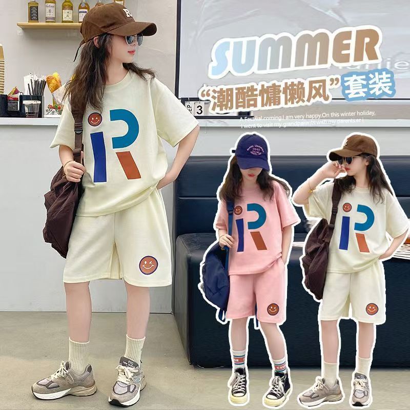 FG25053007短袖短褲套裝夏季兒童大童時尚寬鬆運動短褲兩件套休閒時尚潮流