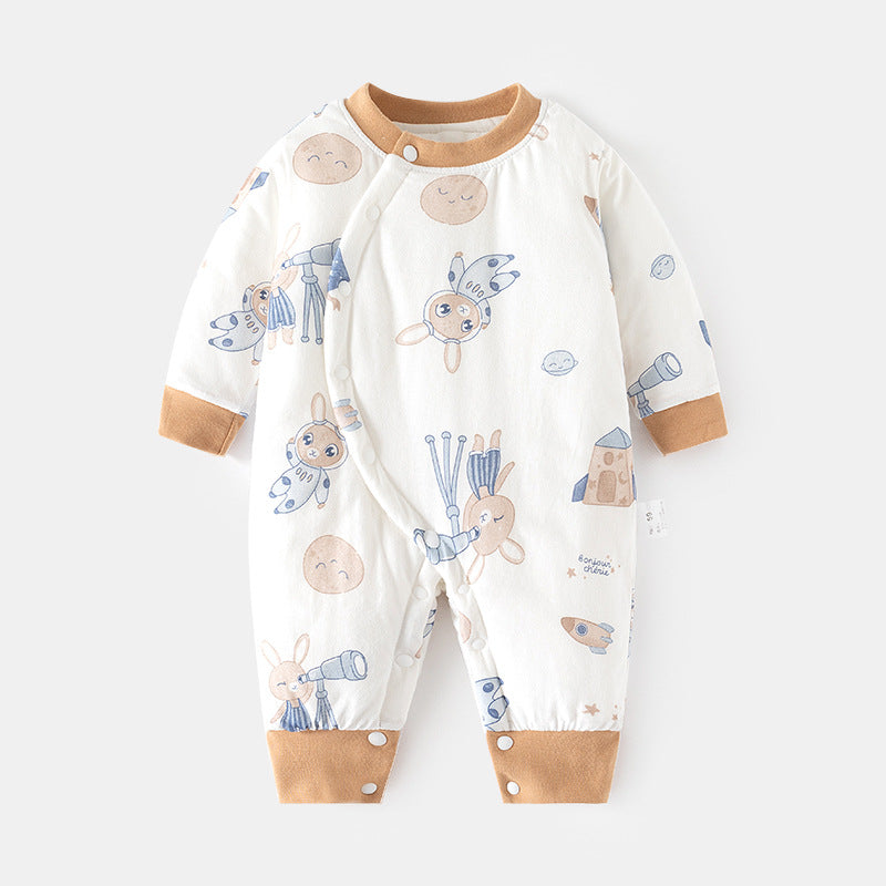 GJ25102107嬰兒加棉連身衣寶寶120克夾棉秋冬無骨哈衣薄棉加厚偏襟爬服兒童