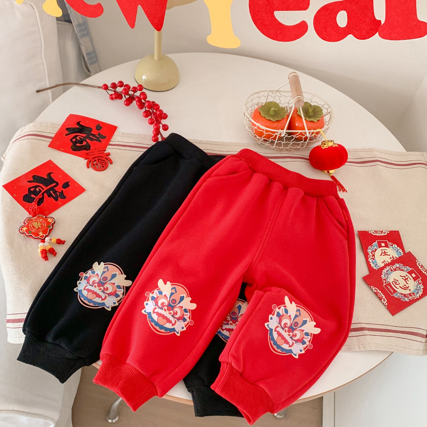 CA24011807秋冬季龍年拜年兒童加絨褲卡通休閒男女褲子外穿保暖寶寶睡褲裝