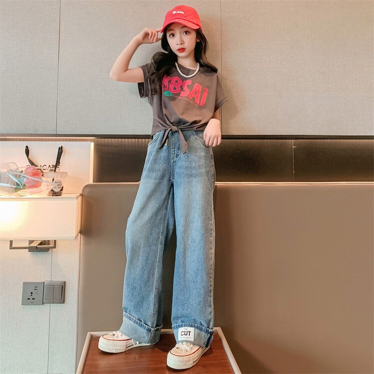 F24031010女童夏裝套裝2024新款洋氣兒童女大童寬鬆夏季短袖T恤兩件套童裝