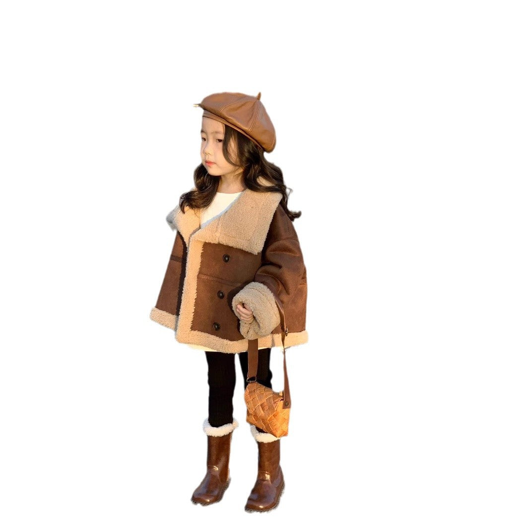 CG25103011冬季女孩休閒寬鬆加厚保暖加絨皮大衣翻領皮毛一體皮絨裙子