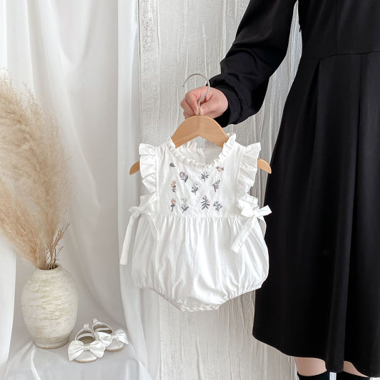 Z25022330款嬰兒夏季刺繡碎花側腰蝴蝶結嬰幼兒哈衣女寶寶無袖薄款爬服