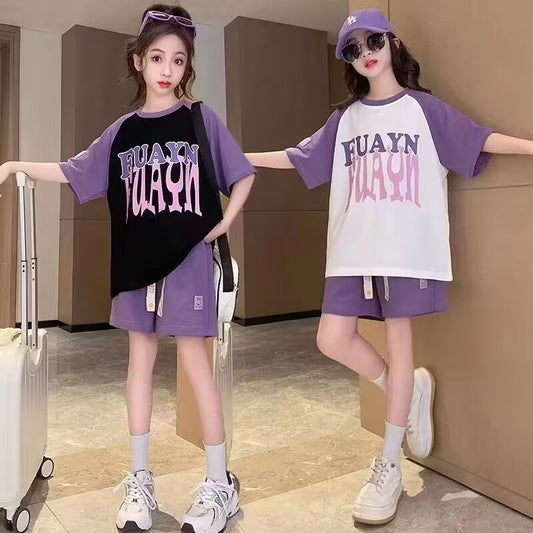 FG25053005女童夏裝套裝2025全新洋氣網紅兒童夏季短袖女大童運動兩件套童裝