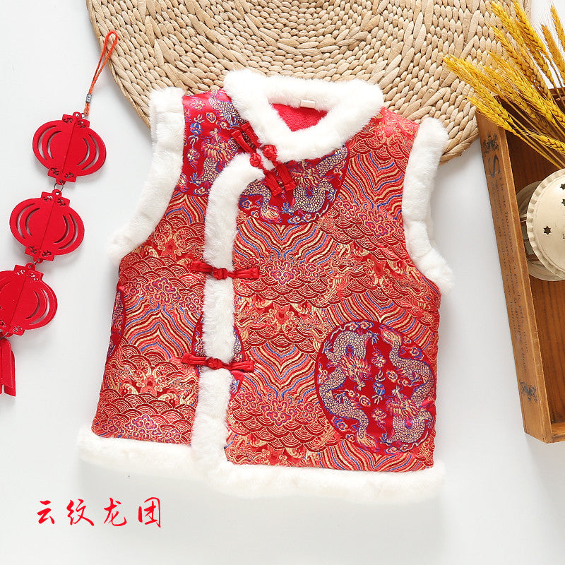 Z24110143中式年服兒童馬甲男女童加絨加厚背心喜慶新年裝唐裝