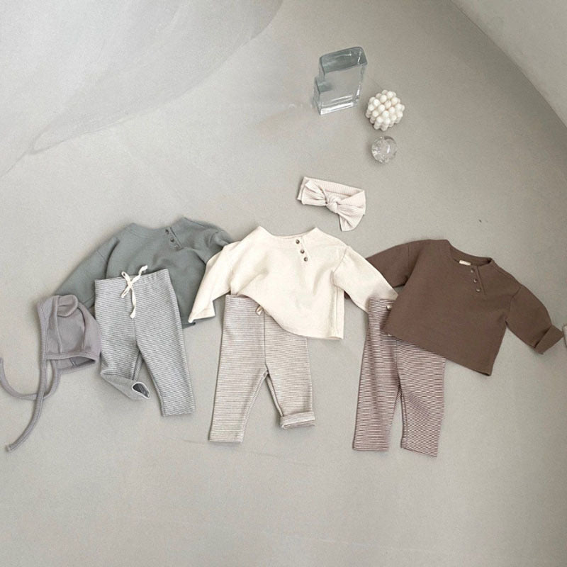 GB24011102韓版ins春秋新生嬰兒簡約棉休閒長袖T卹嬰幼童寶寶春款開扣打底衫