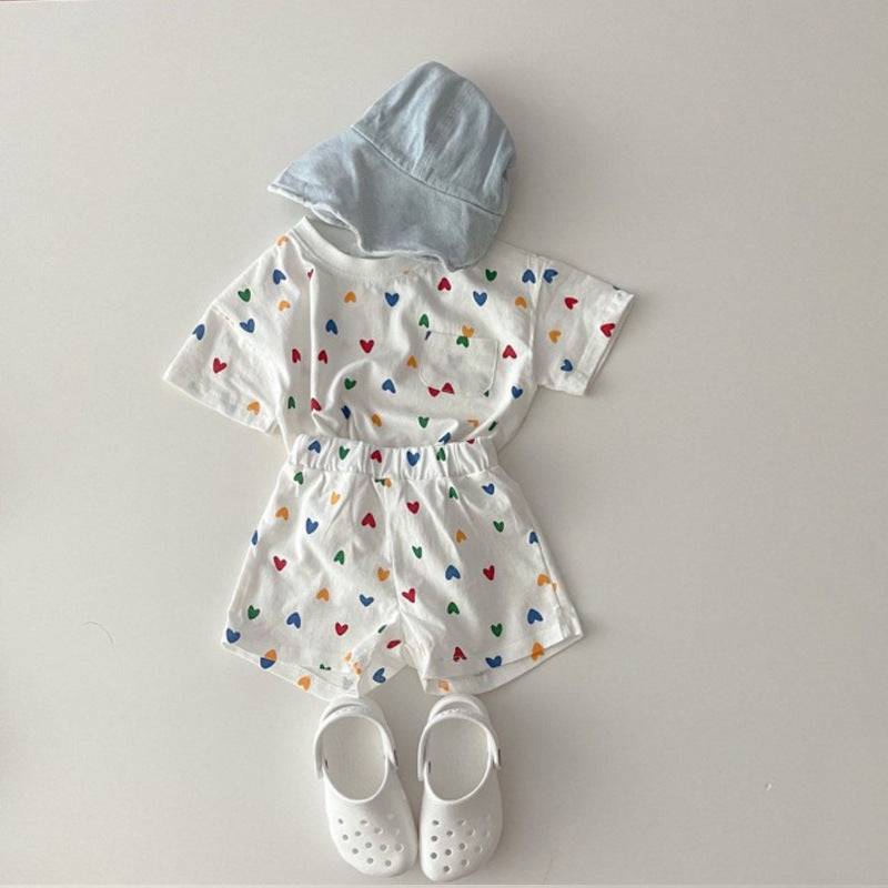 GB23080302韓版ins嬰幼兒清爽棉短袖套裝夏季寶寶愛心格子休閒T恤短褲兩件套