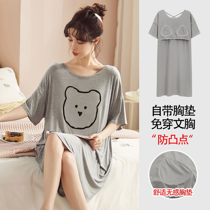 Z25040126自備胸墊一體式睡裙女款夏季短袖睡裙夏天莫代爾可外穿