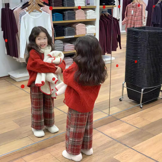 CG25103007女童秋冬款喜慶紅色節日毛衣+紅格加厚奧利絨內裡毛衣褲