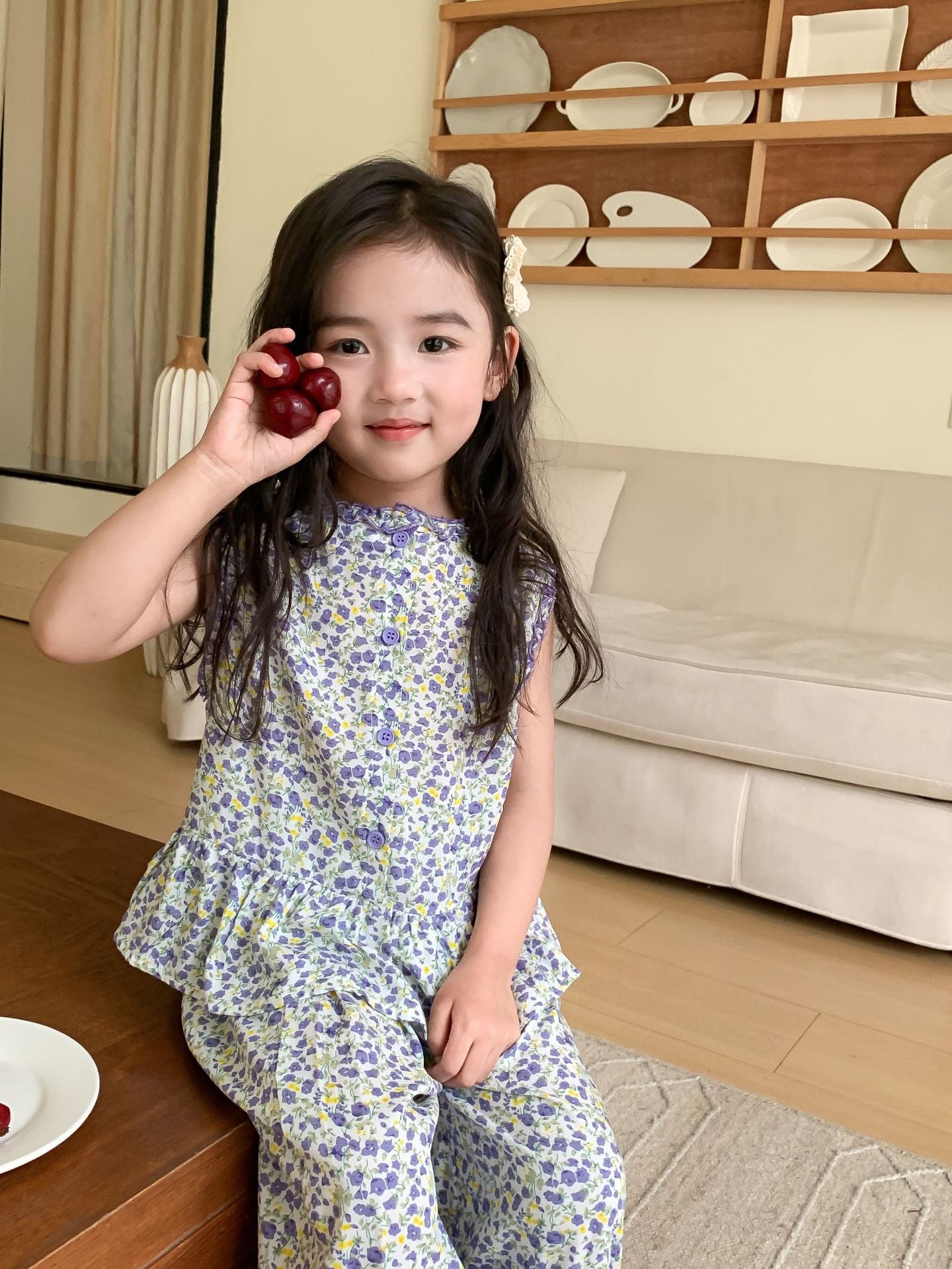 J24022902童套裝2024夏女童公主寬鬆田園風韓版碎花花邊娃娃衫寬褲套裝