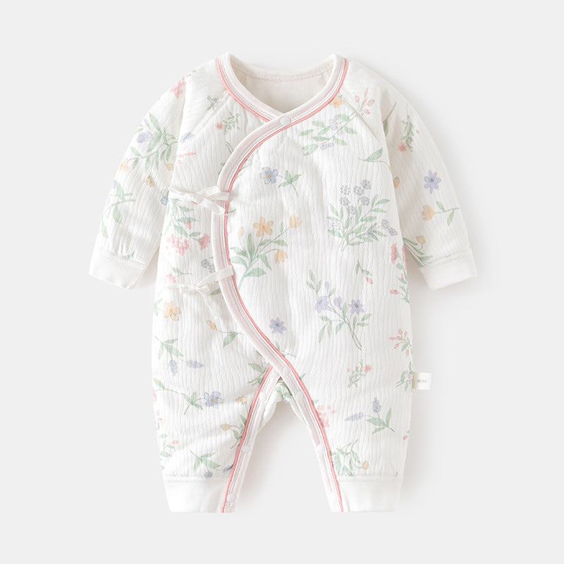 GJ25102110新生夾棉連身衣薄棉無骨哈衣秋季純棉初生40克蝴蝶寶寶爬衣