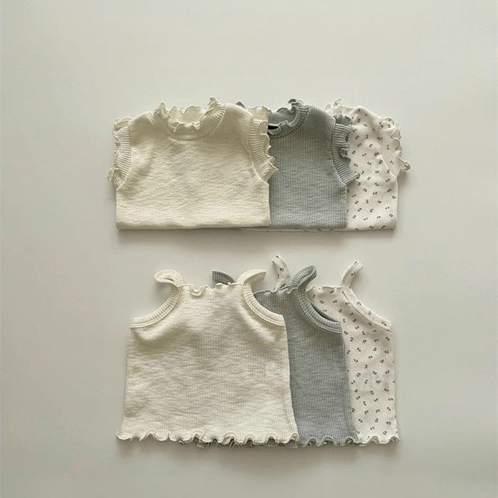 GF25061710ins韓版嬰童寶寶夏季純棉坑條木耳邊背心上衣短褲套裝高彈外出服