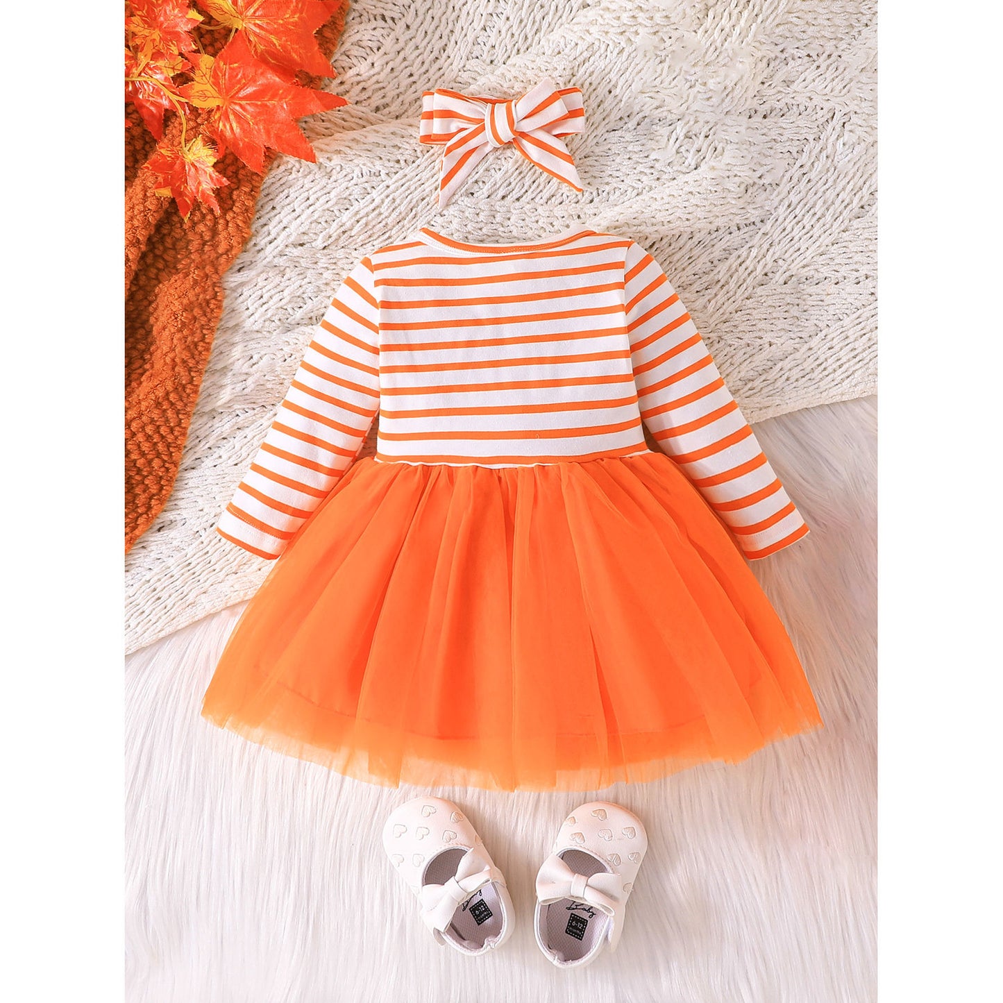 Z25091119跨國電商女嬰萬聖節款卡通南瓜印花橘白條紋長袖網紗