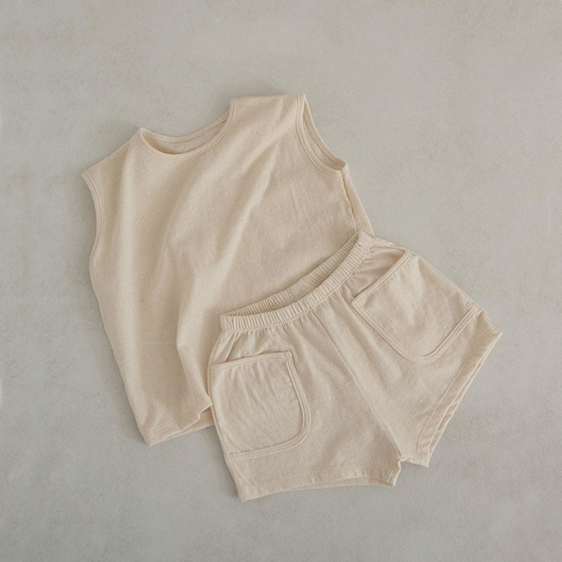 GB23080304韓版夏季薄款背心套裝嬰童嬰幼兒棉口袋短褲簡約寶寶可愛無袖套裝