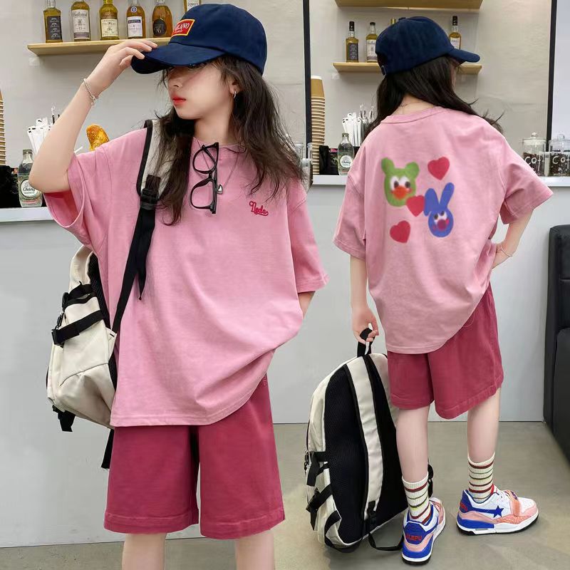 FG25053017網紅女童春秋夏季套裝新款兒童卡通字母短袖女孩休閒褲兩件套裝