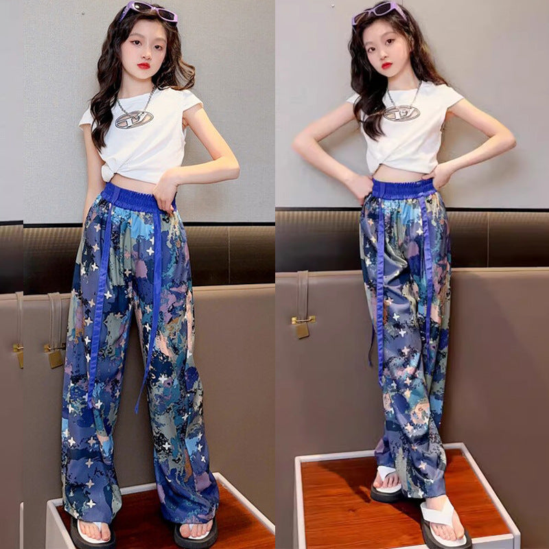F24050710女童夏裝短袖套裝2024新款女大童裝夏季時尚花褲闊腿褲薄款兩件套