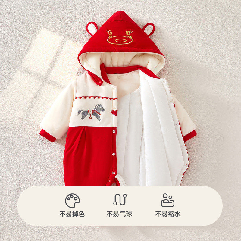 Z24110124拜年服寶寶過年服冬季加厚連帽哈衣爬爬服戶外服韓版新年寶寶衣服