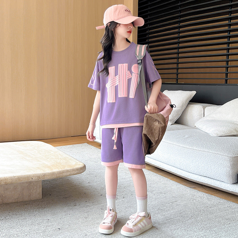 FG25053015女童夏季套裝2025新款時髦兒童休閒運動韓範女大童短袖五分褲夏裝