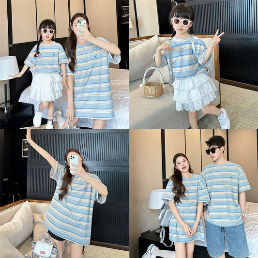 L25041713炸街親子裝一家三口親子短袖T恤寬鬆刺繡條紋嬰兒包屁衣連身衣潮