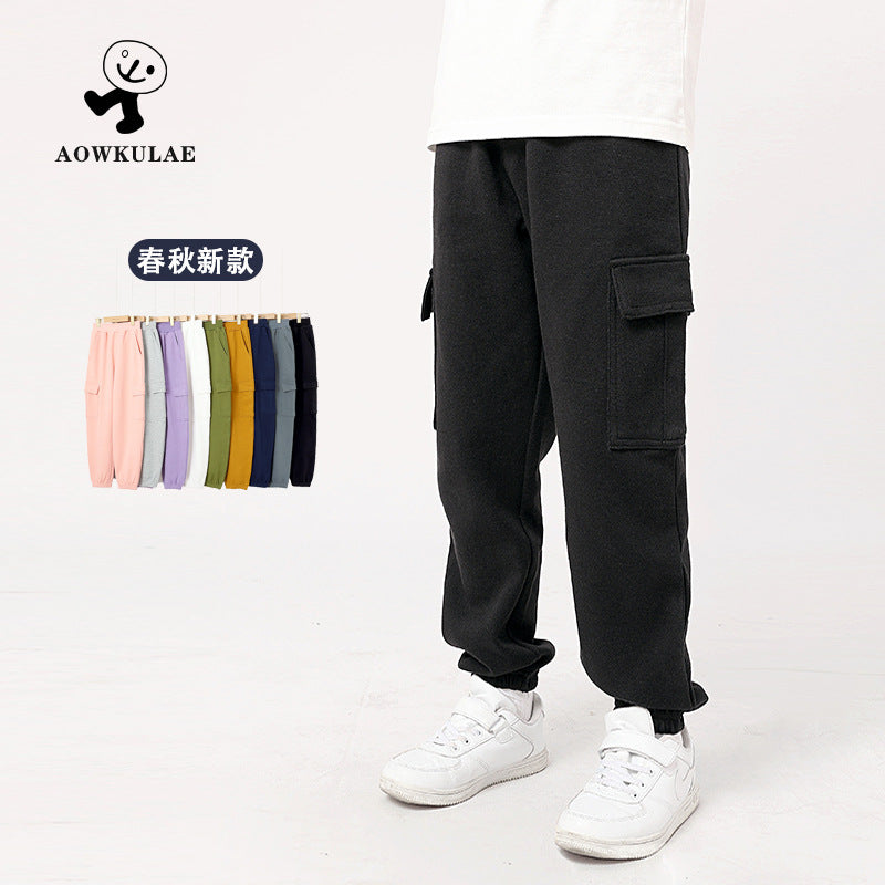 FI25101415秋季童褲韓版新款男童休閒褲中大純童運動色工裝褲女童褲子批發