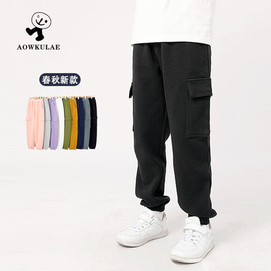 FI25101415秋季童褲韓版新款男童休閒褲中大純童運動色工裝褲女童褲子批發