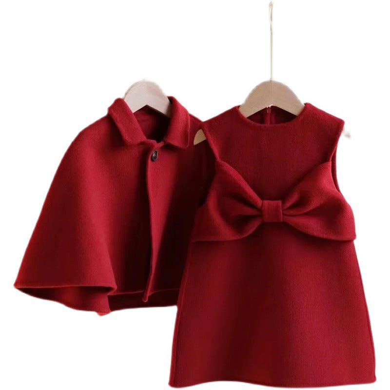 Z24110116童裝女童拜年服紅色毛呢套裝兒童童裝洋氣新年可愛