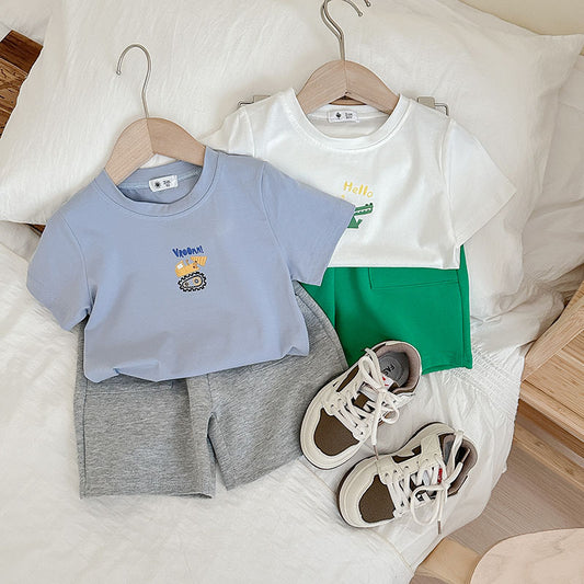 J24022918韓版童裝新款跨國電商外貿夏季男童卡通印花圓領T恤+褲子兩件套