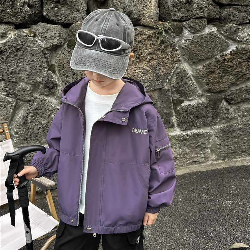 GJ25082703秋季新款男童連帽衝鋒衣軟殼外套兒童戶外秋裝衣服露營