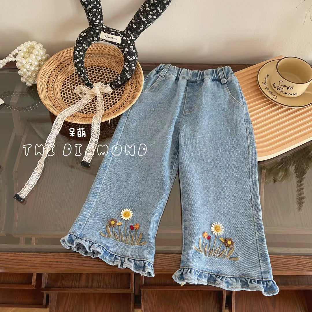 C240930019春秋裝女童洋氣韓國版兒童休閒直筒木耳邊褲子