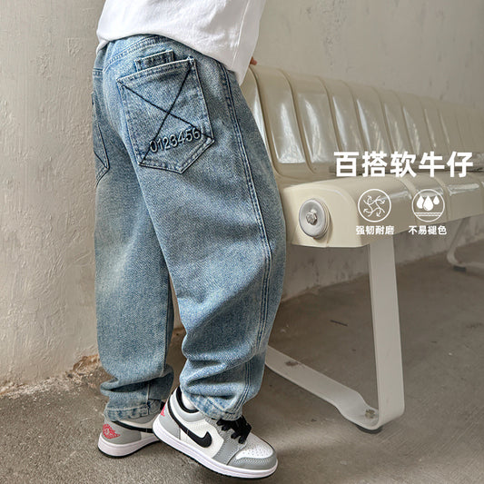 GJ25082705秋季新款男童水洗磨白牛仔褲復古潮範長褲子童裝中大童