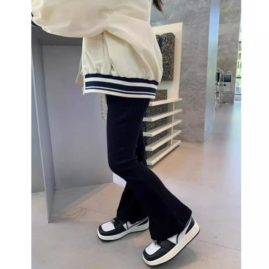 Z25030902兒童喇叭褲夏季新款兒童微喇叭褲女童冰絲坑條彈性洋氣外穿緊身褲