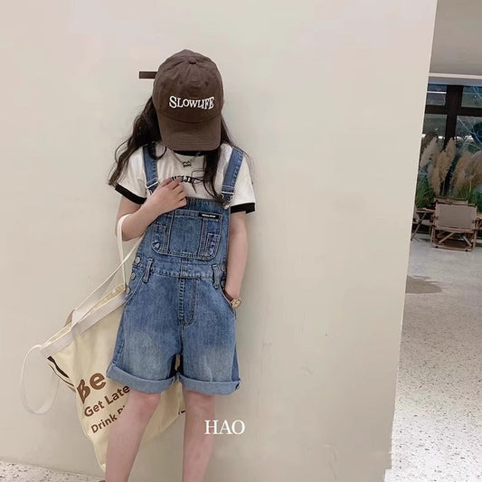 Z25033115女童牛仔背帶褲春夏季女孩兒童裝褲子韓版百搭薄款中大童休閒短褲