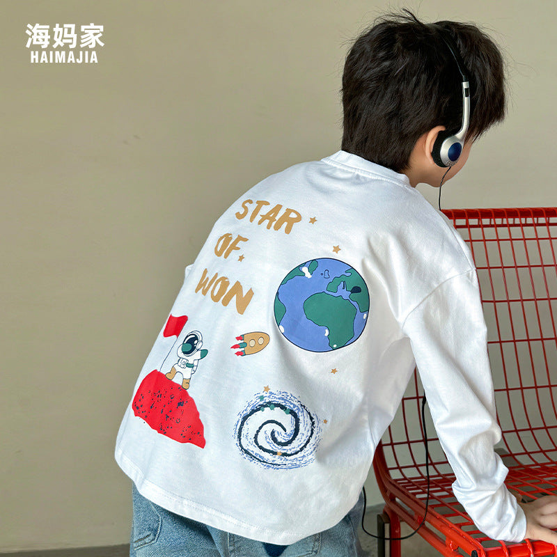 GJ25082708秋季新款男孩純棉長袖T卹太空印花女童秋裝衣服韓版潮