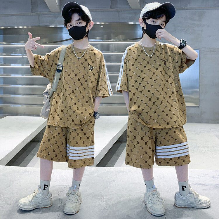 FC24040715男童夏裝薄款T卹短褲洋氣兩件套中大童炸街2024新帥氣寬鬆套裝(9-12天到貨)