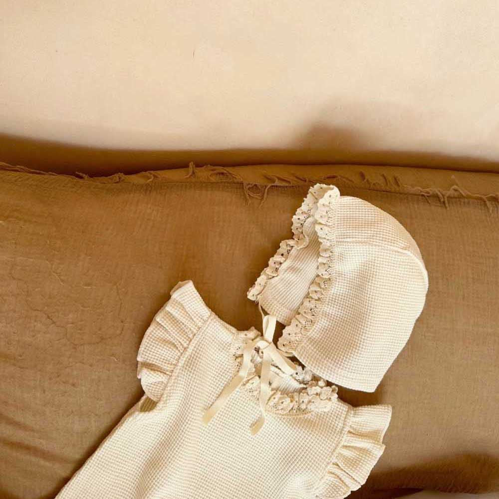K23062915夏季韓版兒童哈衣ins款嬰兒連體衣華夫格花邊爬服套裝嬰兒衣服 (2件起批,可混K開頭的)