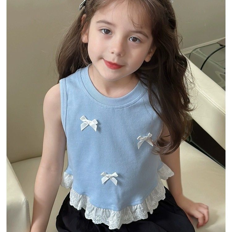 Z25030901女童蝴蝶結短小背心夏裝新款兒童甜美拼接蕾絲無袖T恤上衣潮